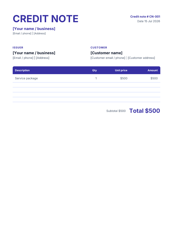 Credit note template preview — Classic layout in Indigo