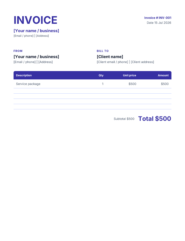 Invoice template preview — Classic layout in Indigo