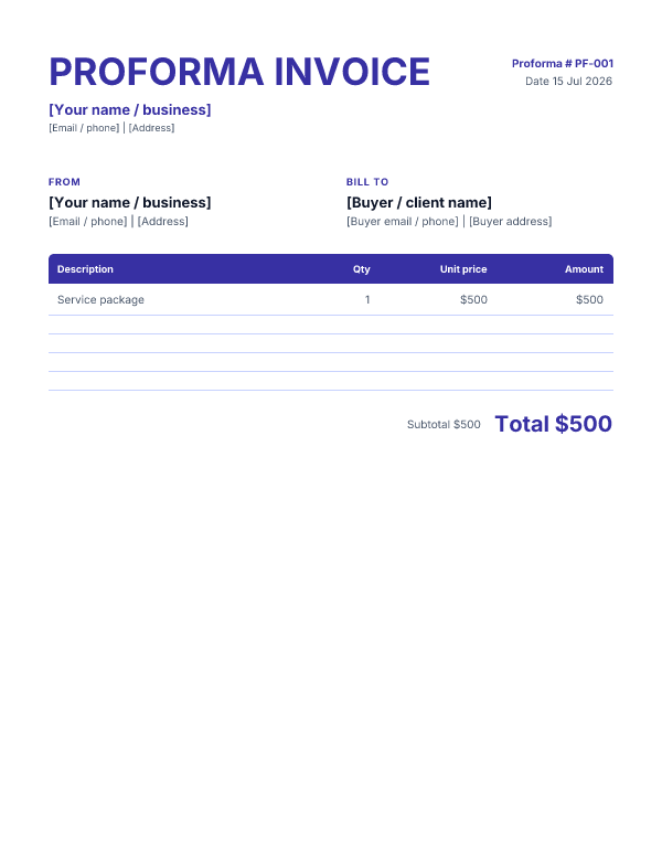 Proforma invoice template preview — Classic layout in Indigo