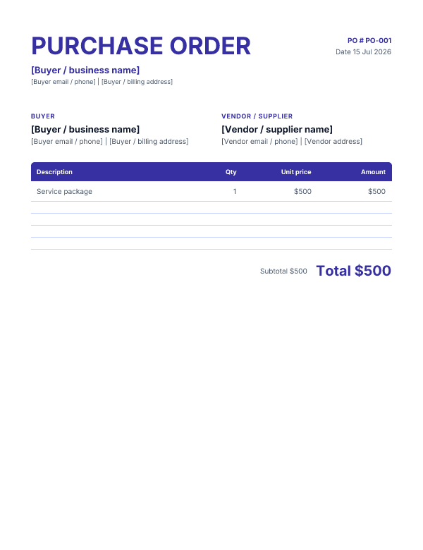 Purchase order template preview — Classic layout in Indigo
