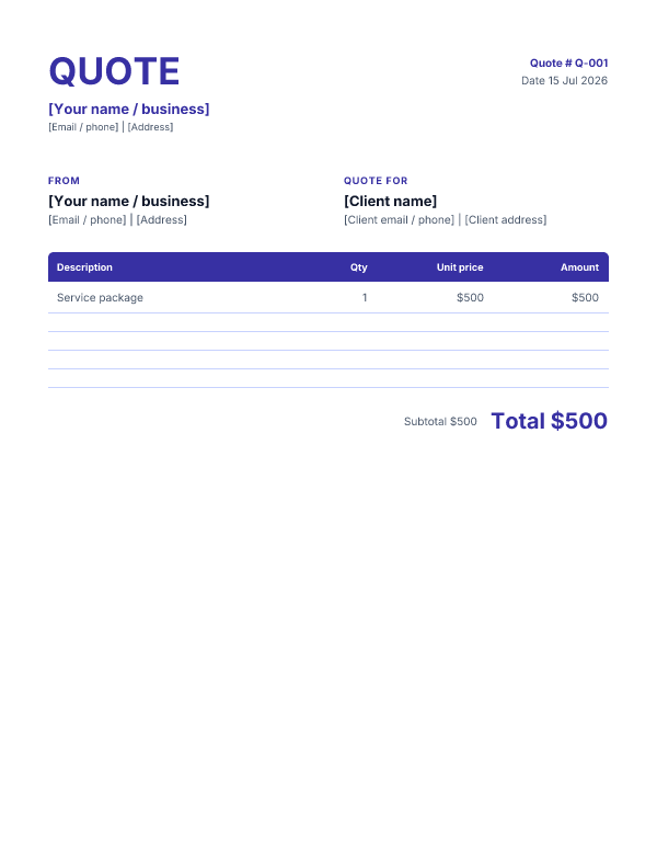 Quote template preview — Classic layout in Indigo