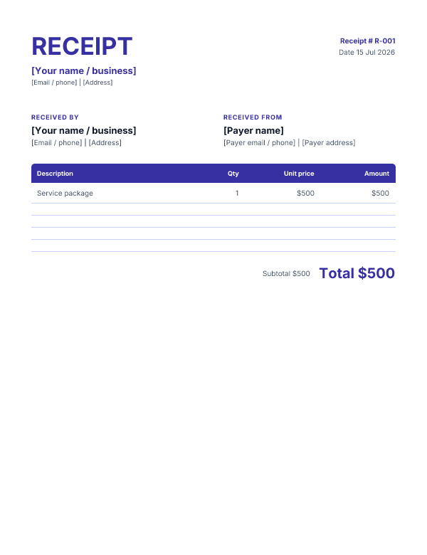 Receipt template preview — Classic layout in Indigo
