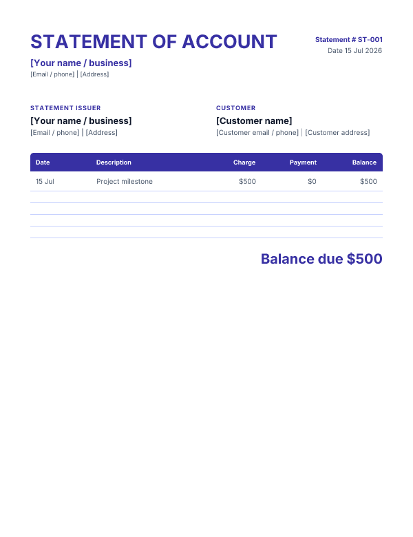 Statement template preview — Classic layout in Indigo