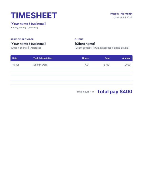 Timesheet template preview — Classic layout in Indigo